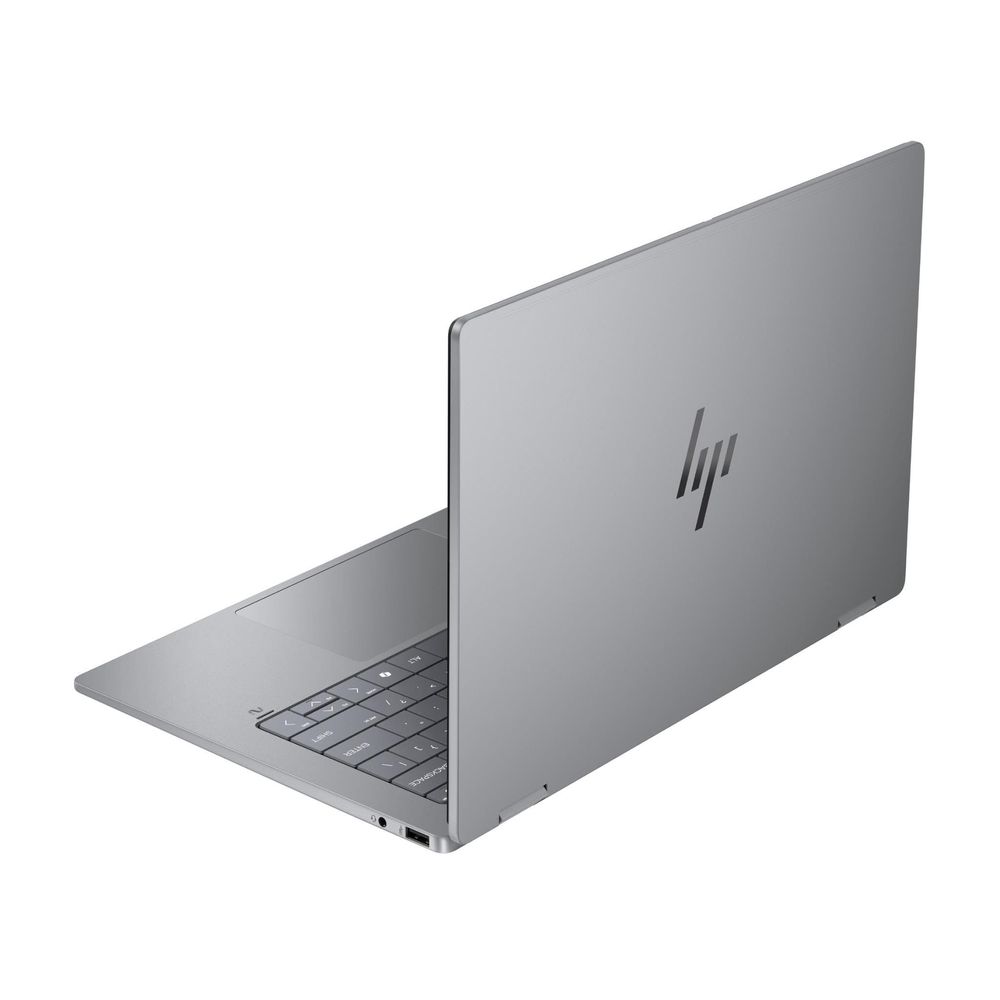 Silver 2-in-1 laptop closed or partially open, showing HP logo and keyboard area