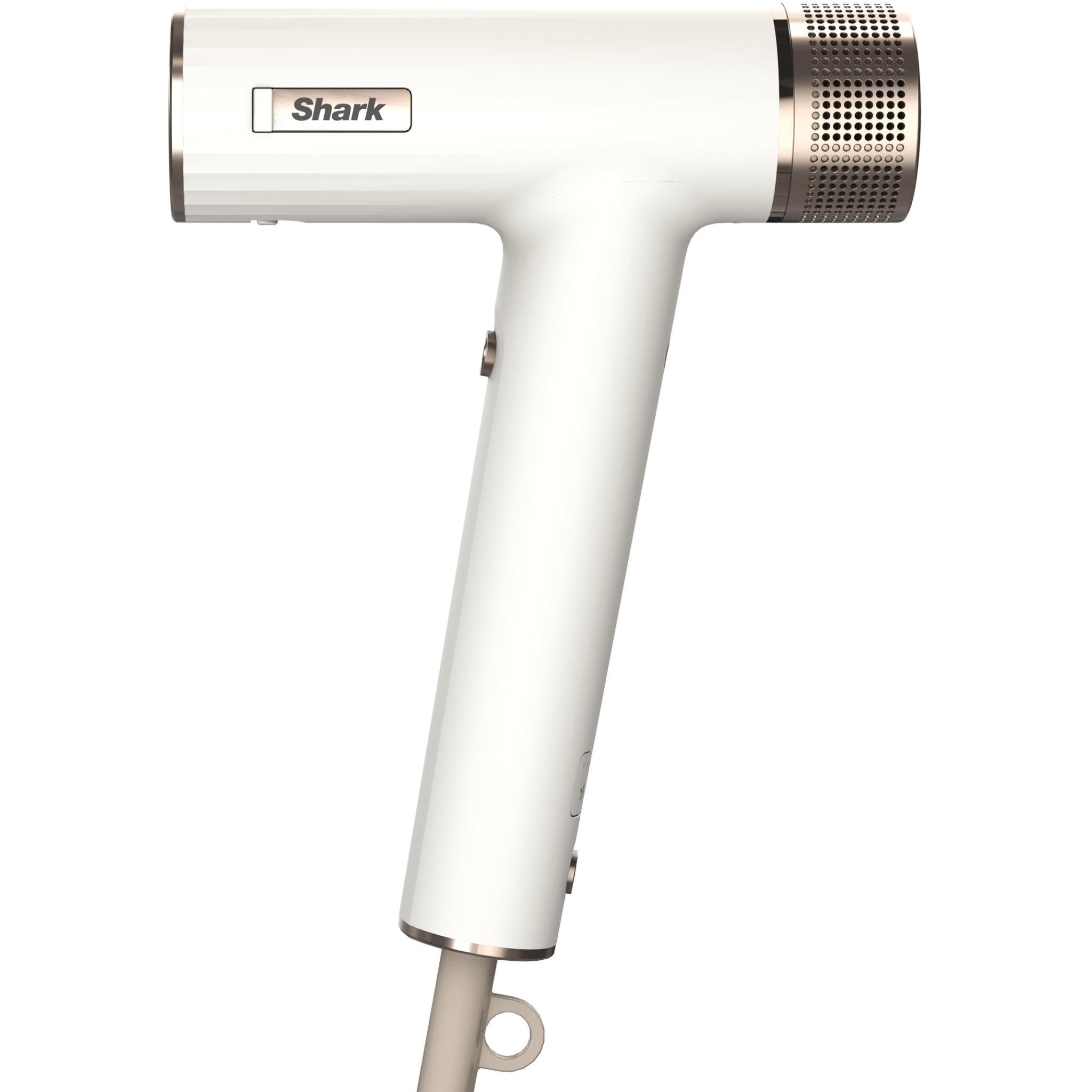 White Shark hair dryer with cylindrical barrel and rear grille