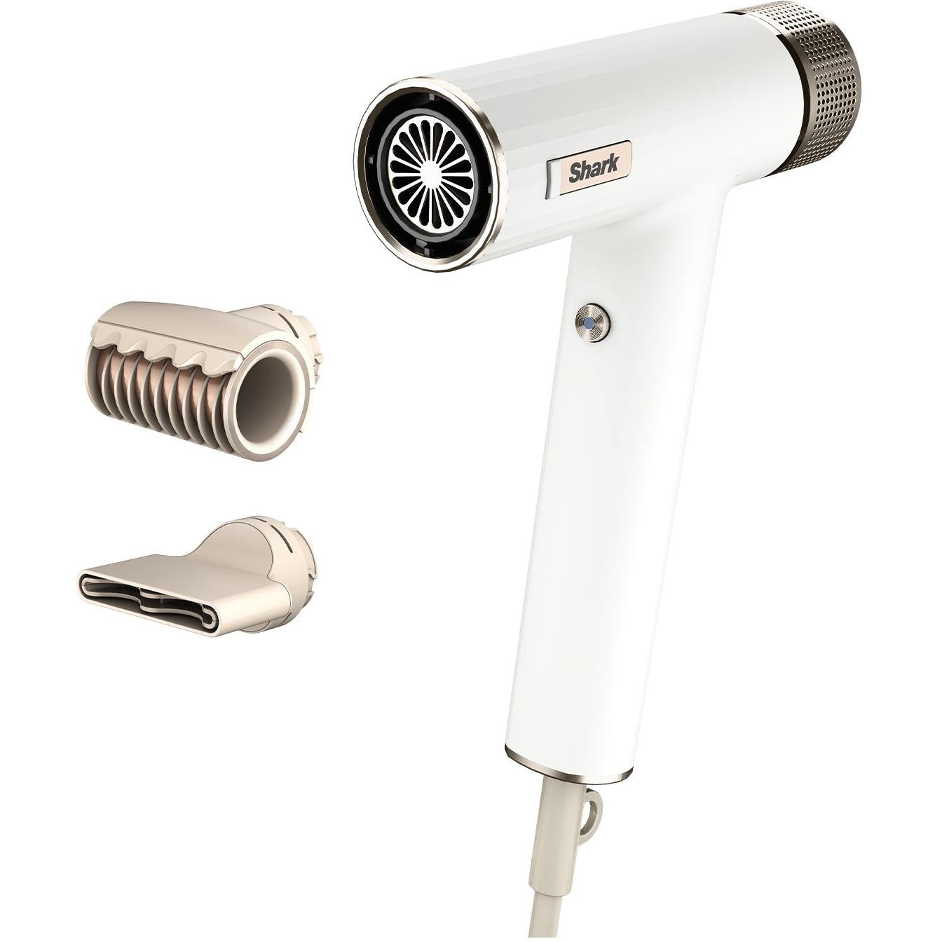 White hair dryer with concentrator nozzle and two snap-on attachments