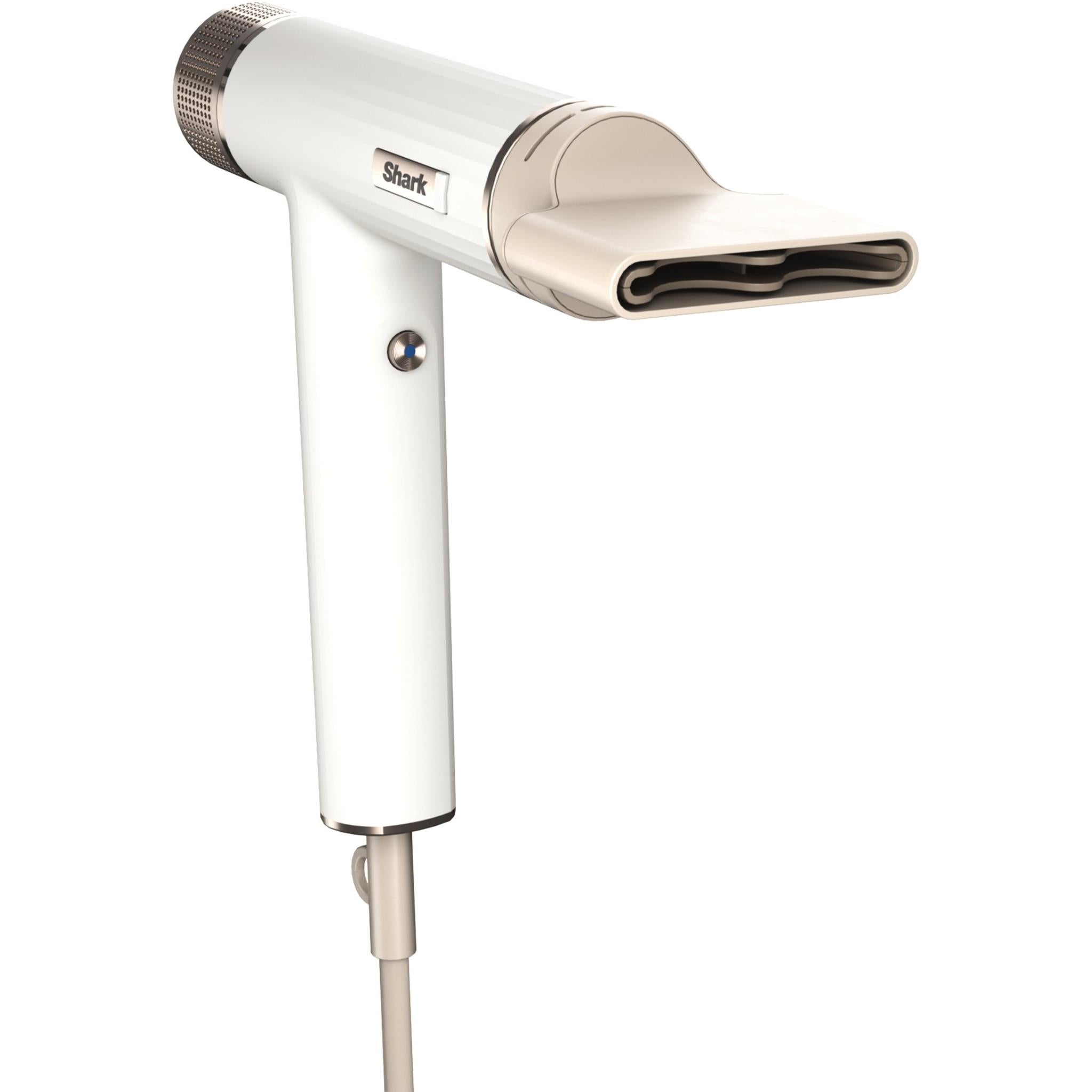 Hair dryer with beaded air intake grille and beige concentrator nozzle