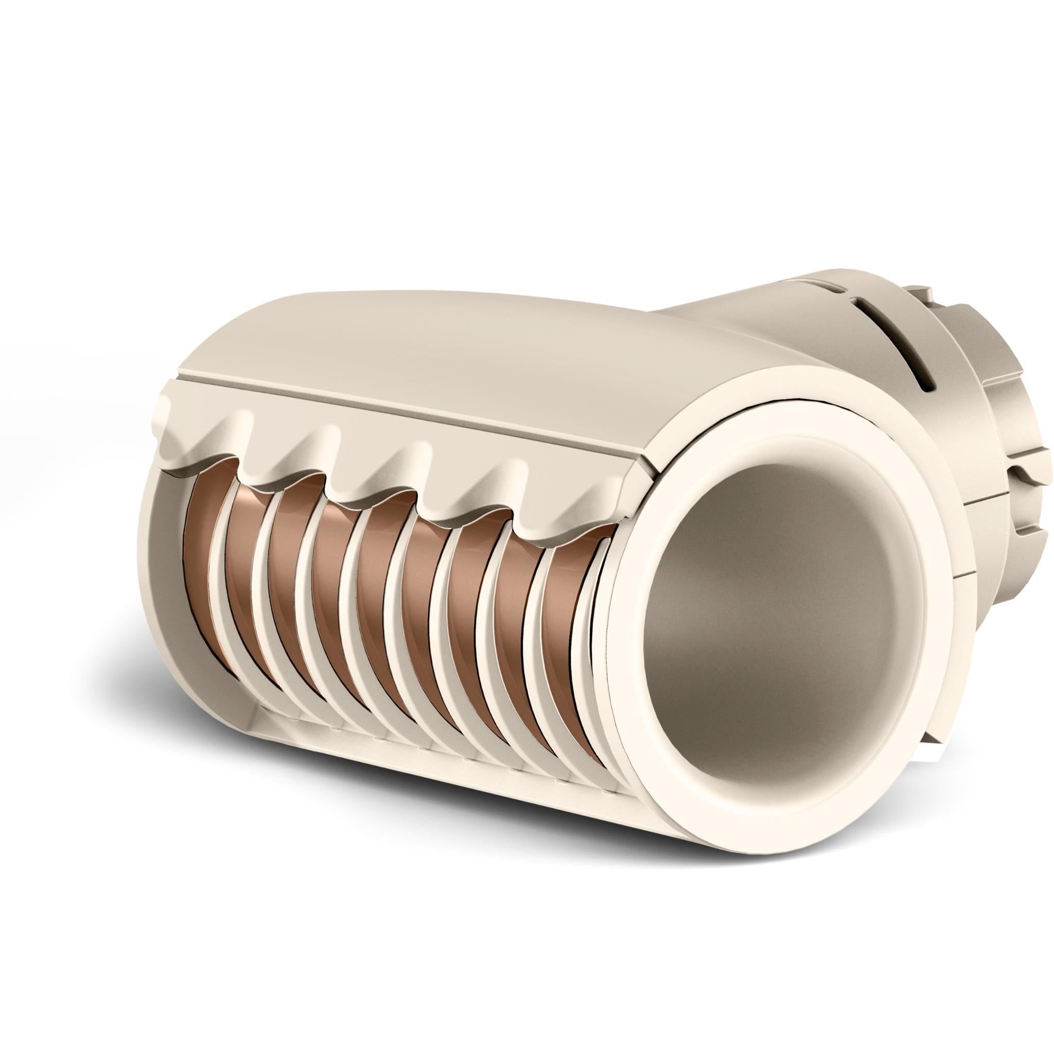 Beige hair dryer styling attachment with ribbed intake and round barrel opening
