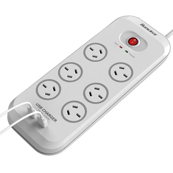 Huntkey 6 Outlet Surge Protected Powerboard with Two Powered USB Ports (2.4 AMP Combined)