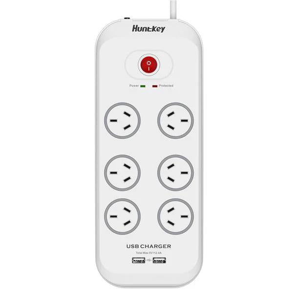 Huntkey 6 Outlet Surge Protected Powerboard with Two Powered USB Ports (2.4 AMP Combined)