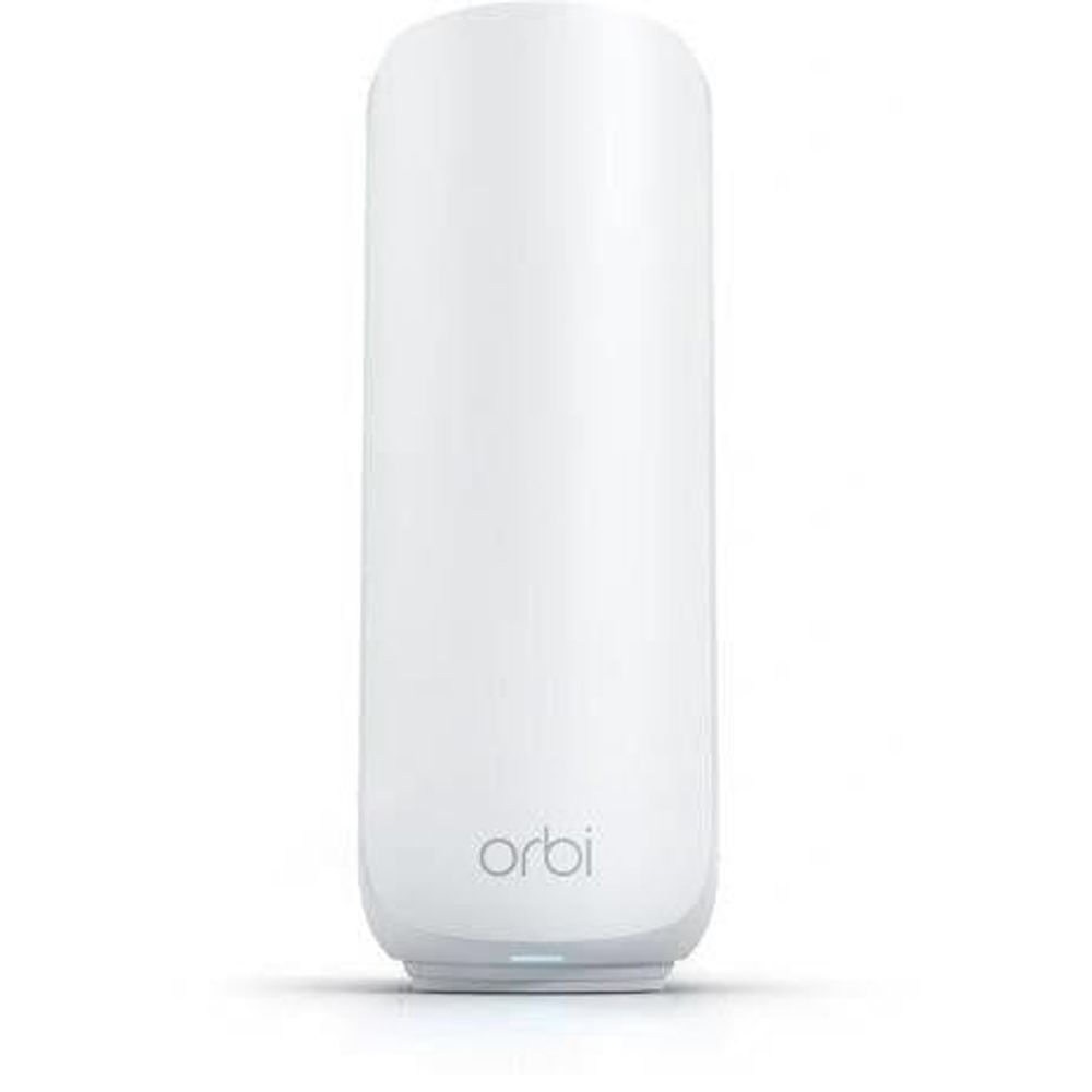 Orbi mesh WiFi 7 satellite, white tower with status light and Orbi logo
