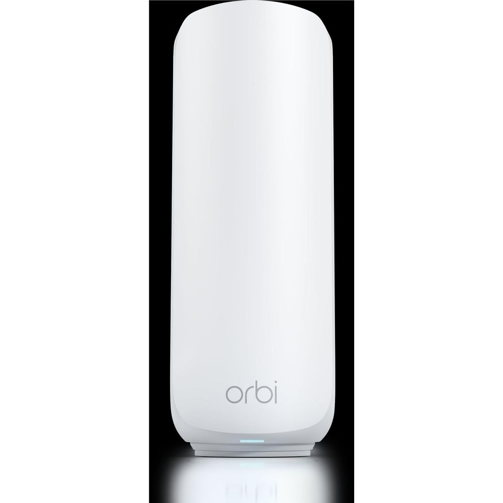 Orbi mesh WiFi 7 satellite, white tower with Orbi logo and glowing base bar