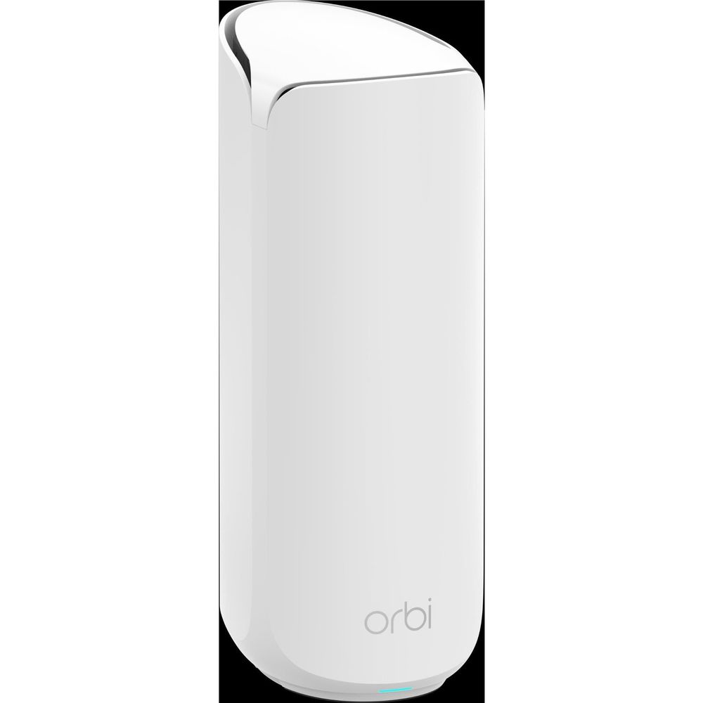 Orbi mesh WiFi 7 satellite, white enclosure with curved top and Orbi logo