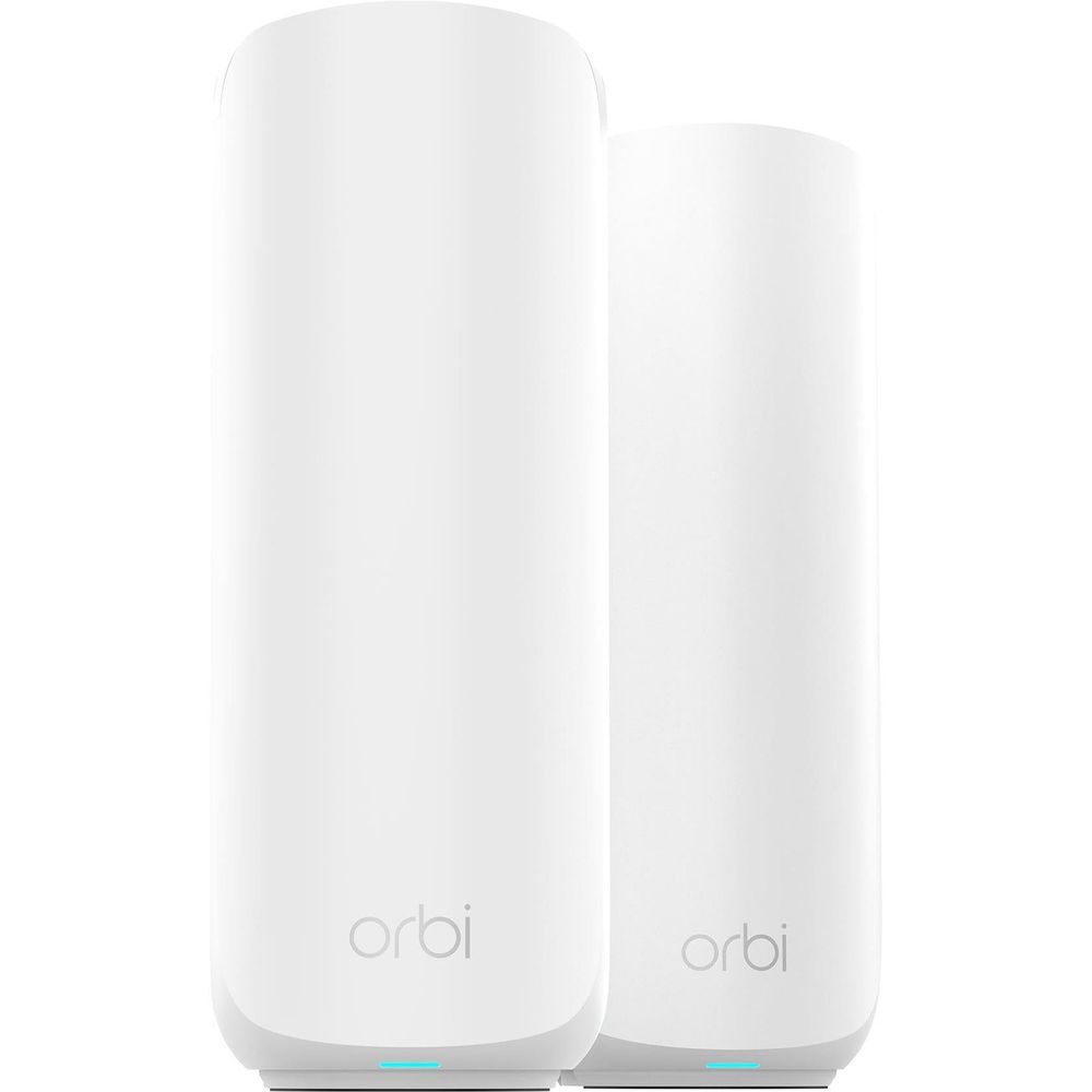 Netgear Orbi mesh WiFi 7 nodes, white cylindrical (2-pack), front view