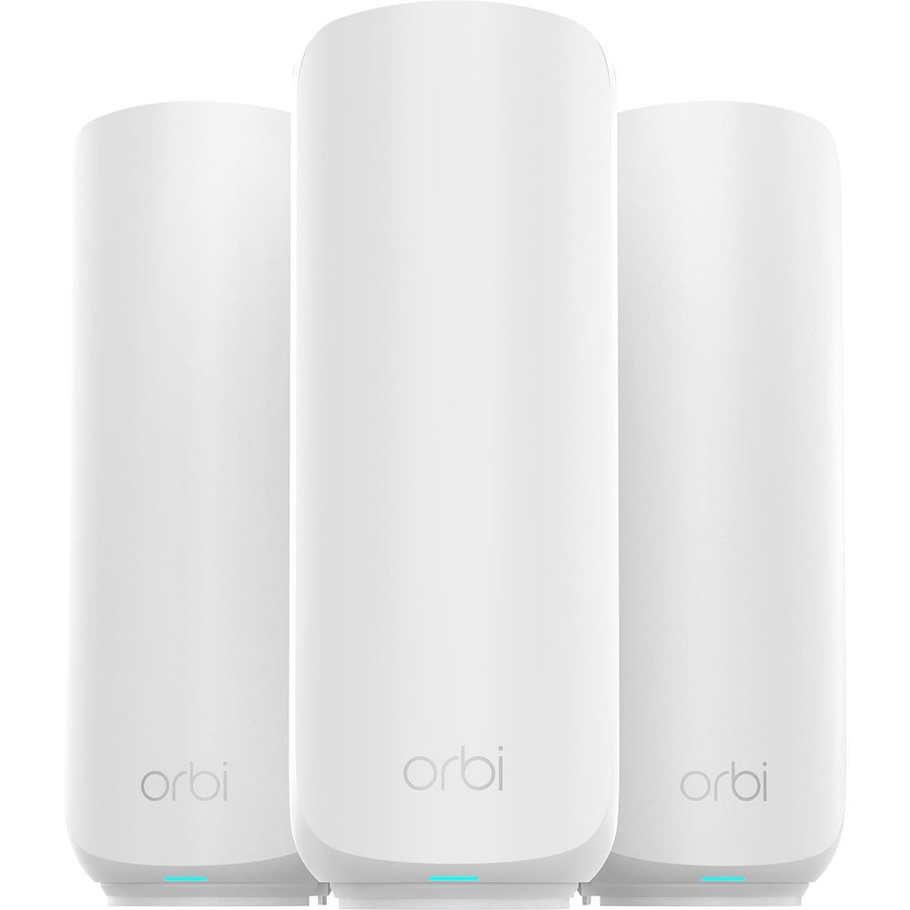 Orbi mesh WiFi router nodes, three white cylindrical units