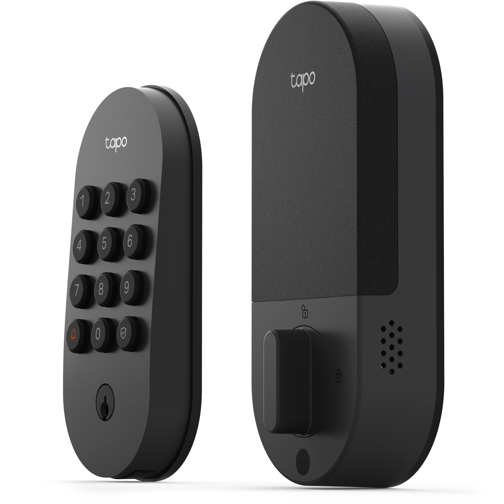 Smart Wi-Fi door lock with keypad and side face, dark finish, angled views.