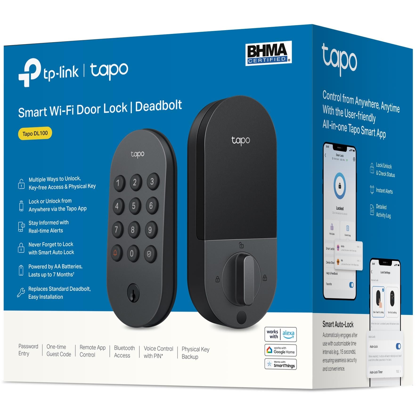 TP-Link Tapo DL100 smart Wi-Fi door lock box with keypad and app feature callouts
