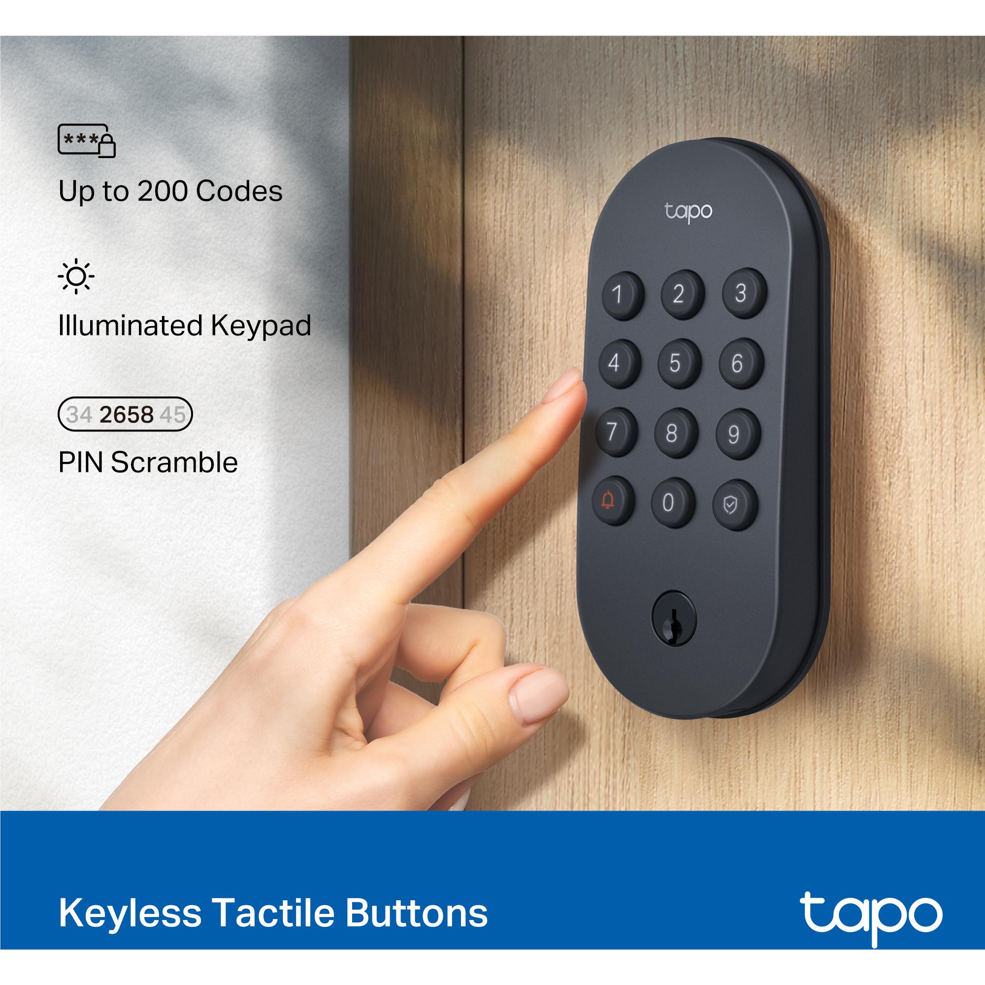 Smart Wi-Fi door lock with illuminated keypad and hand pressing buttons on door.