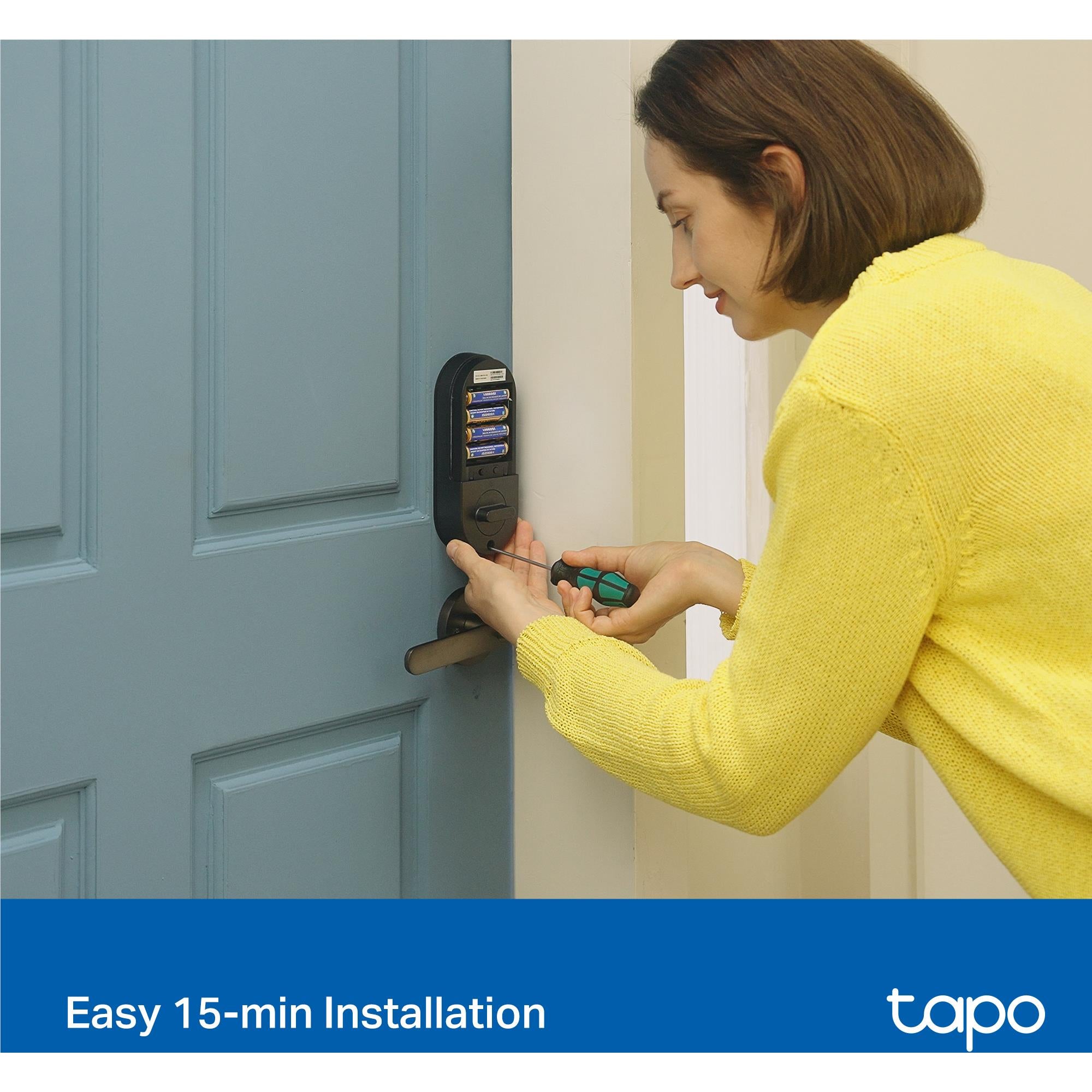 Smart Wi-Fi door lock with keypad on door, person using the keyless buttons.