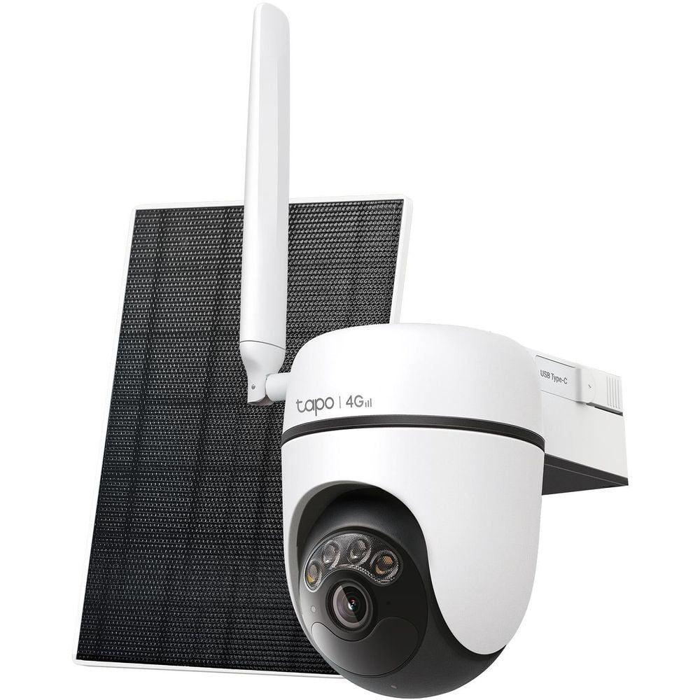Solar-powered security camera kit with tall antenna, black lens, and solar panel mount