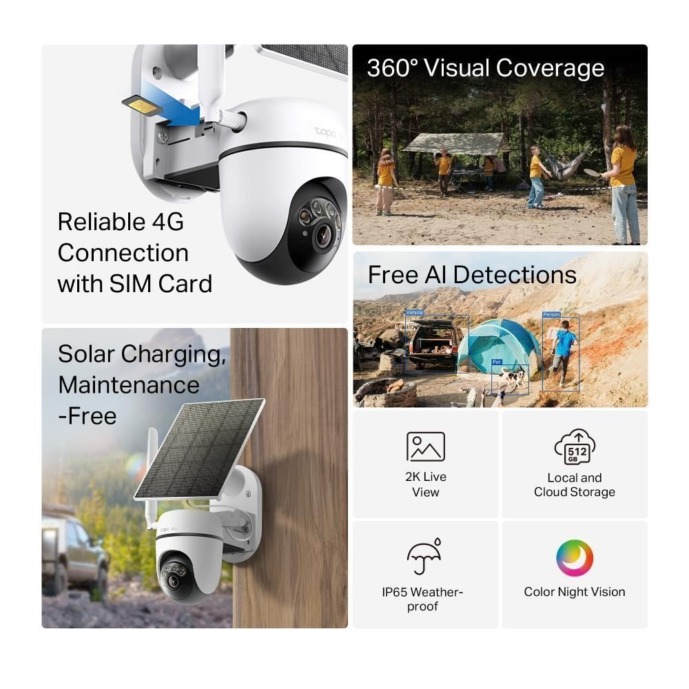 Solar-powered security camera with solar panel and illustrated feature icons on screen