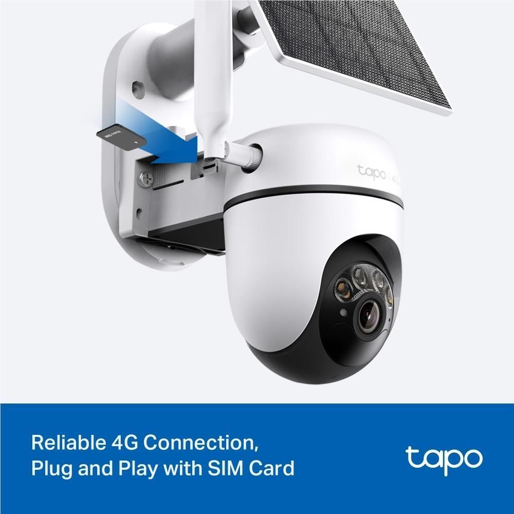 Solar-powered security camera with solar panel mount and close-up of black lens