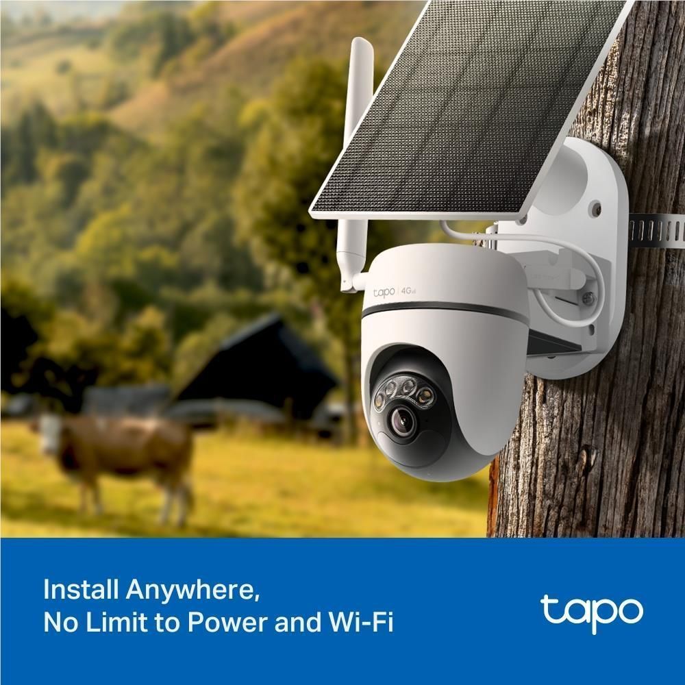 Solar-powered security camera with solar panel, extended antenna, and weatherproof design