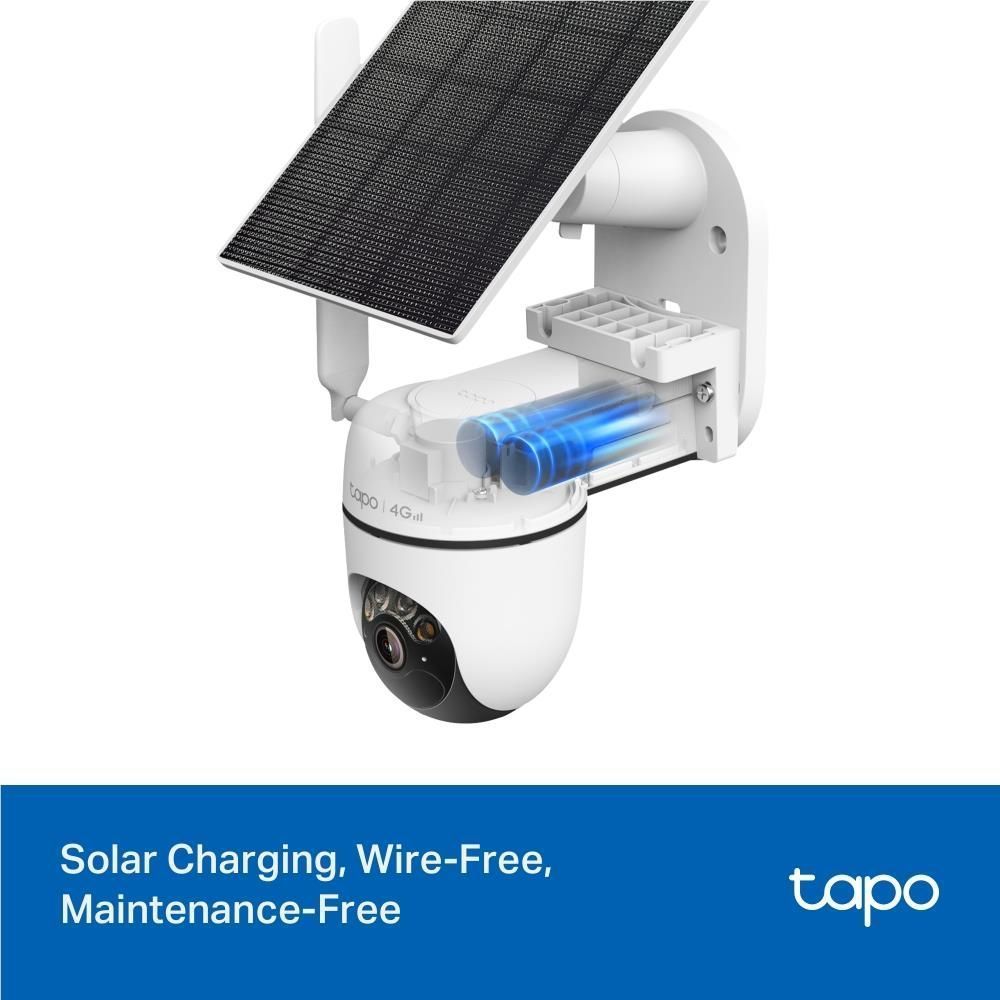 Solar-powered security camera with solar panel and blue charging indicator, white housing