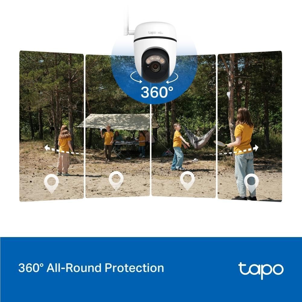 Solar-powered pan-tilt security camera with 360° coverage graphic and solar panel
