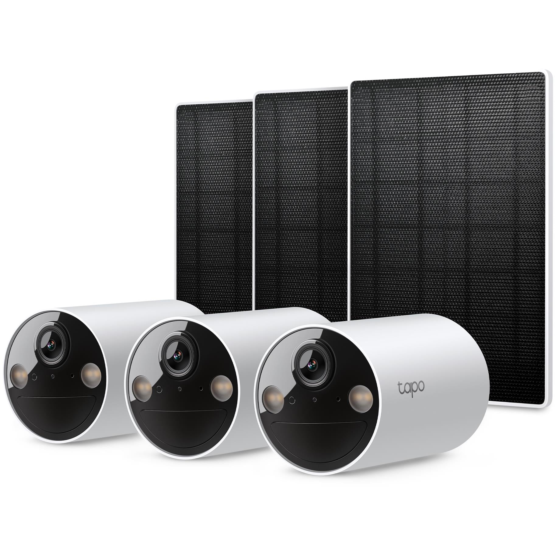 Three white solar security cameras with black lens and dark solar panels