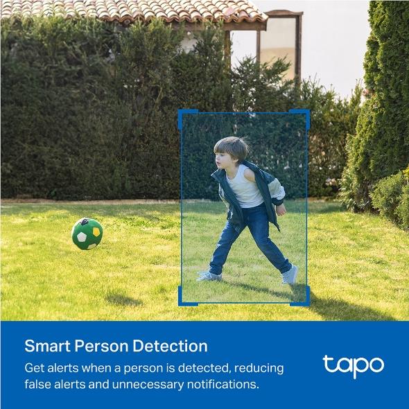 Outdoor security camera kit showing person-detection overlay in a yard