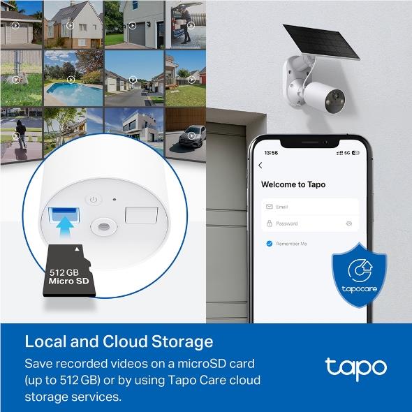 Solar-powered security camera kit with wall-mounted camera and phone app screen