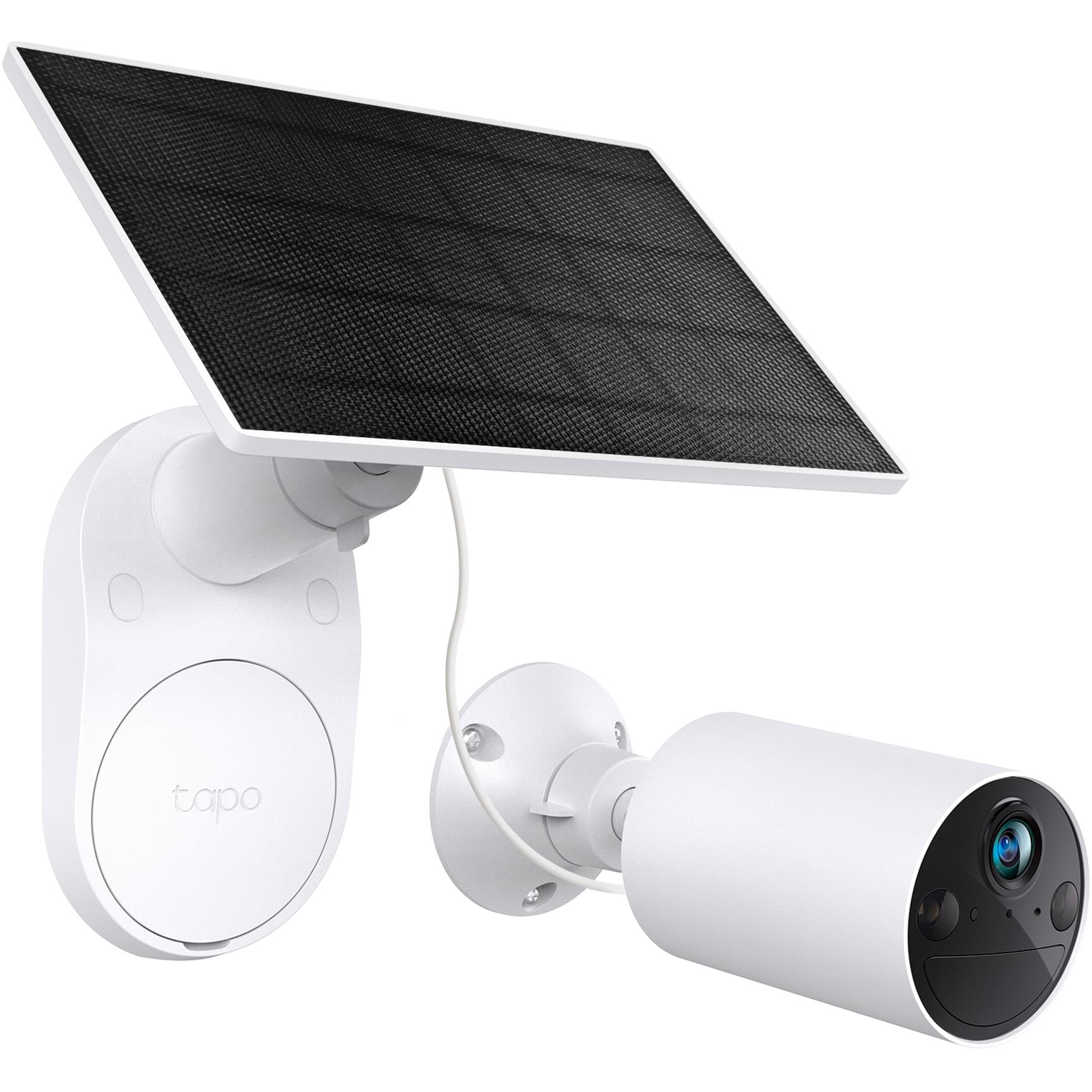 Two white solar security cameras with dark solar panel and wall mounts