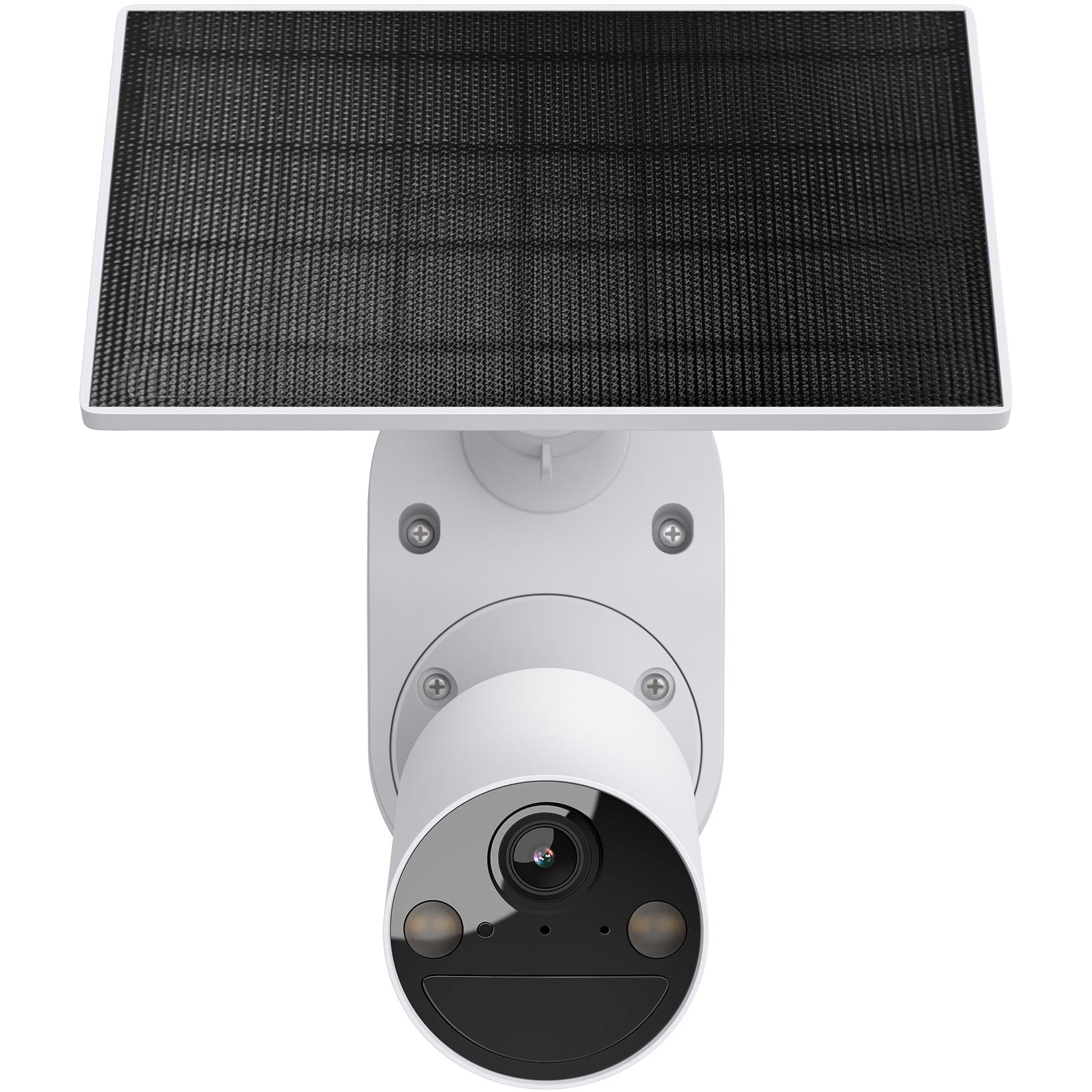 White solar security camera with dark solar panel on wall mounting bracket