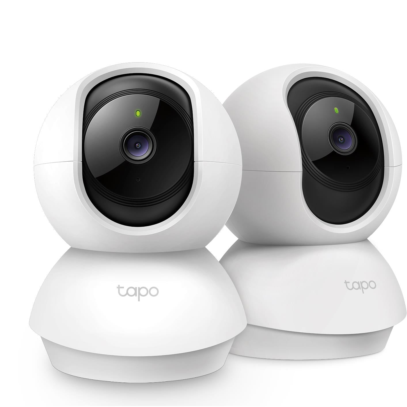 Two white indoor pan-and-tilt Wi-Fi security cameras with black lens modules