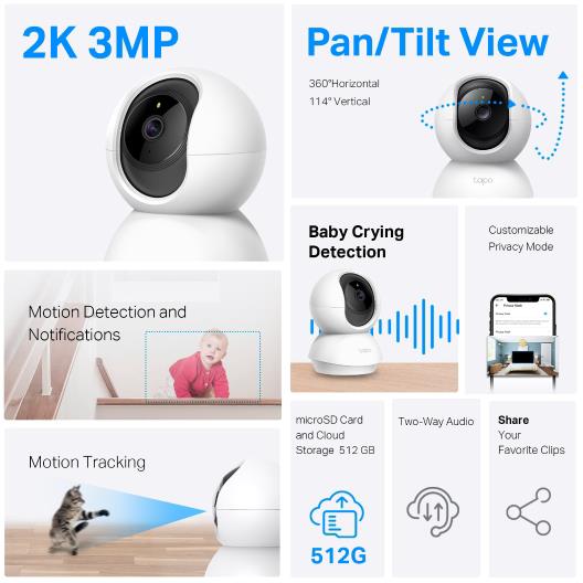 White indoor pan-and-tilt Wi-Fi security camera with pan/tilt motion icons