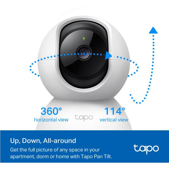 White indoor pan-and-tilt Wi-Fi security camera with 360° motion arrows