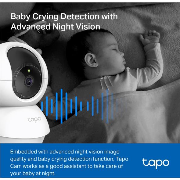 Night-vision style view of a sleeping baby with indoor pan-and-tilt camera