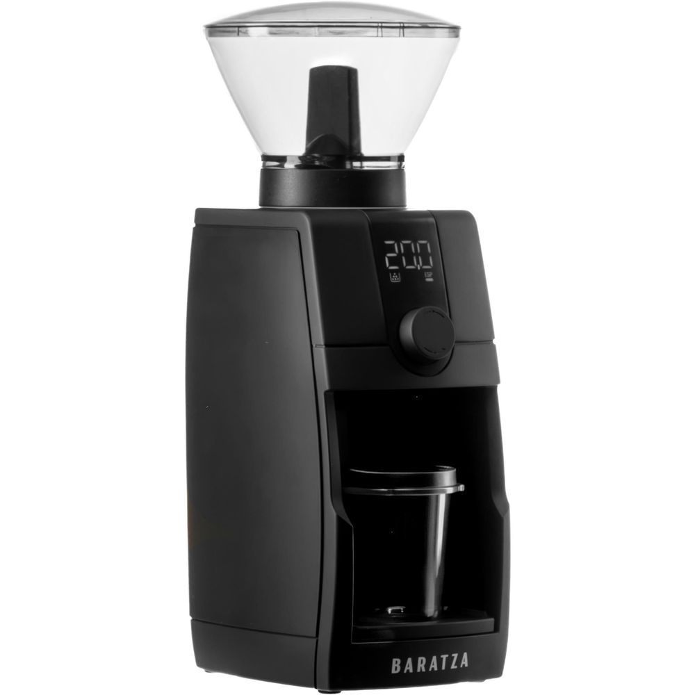 Black Baratza coffee grinder with clear hopper, digital display, and dosing chute