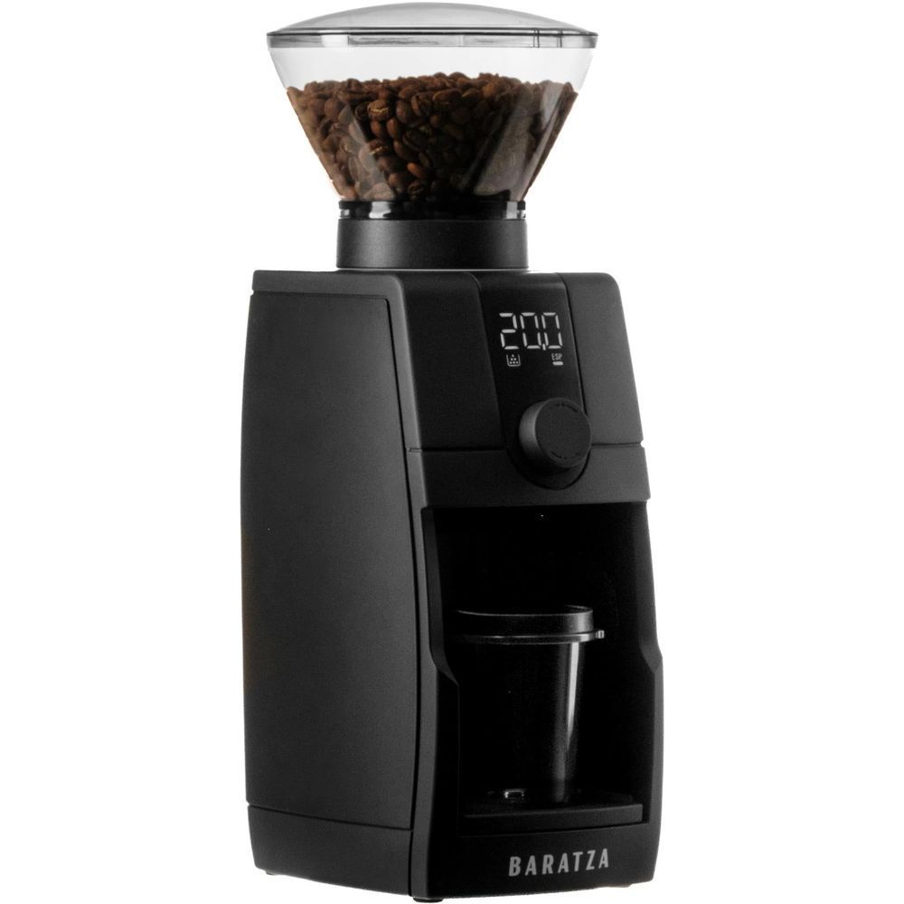 Black Baratza coffee grinder with bean-filled hopper, digital display, and side chute