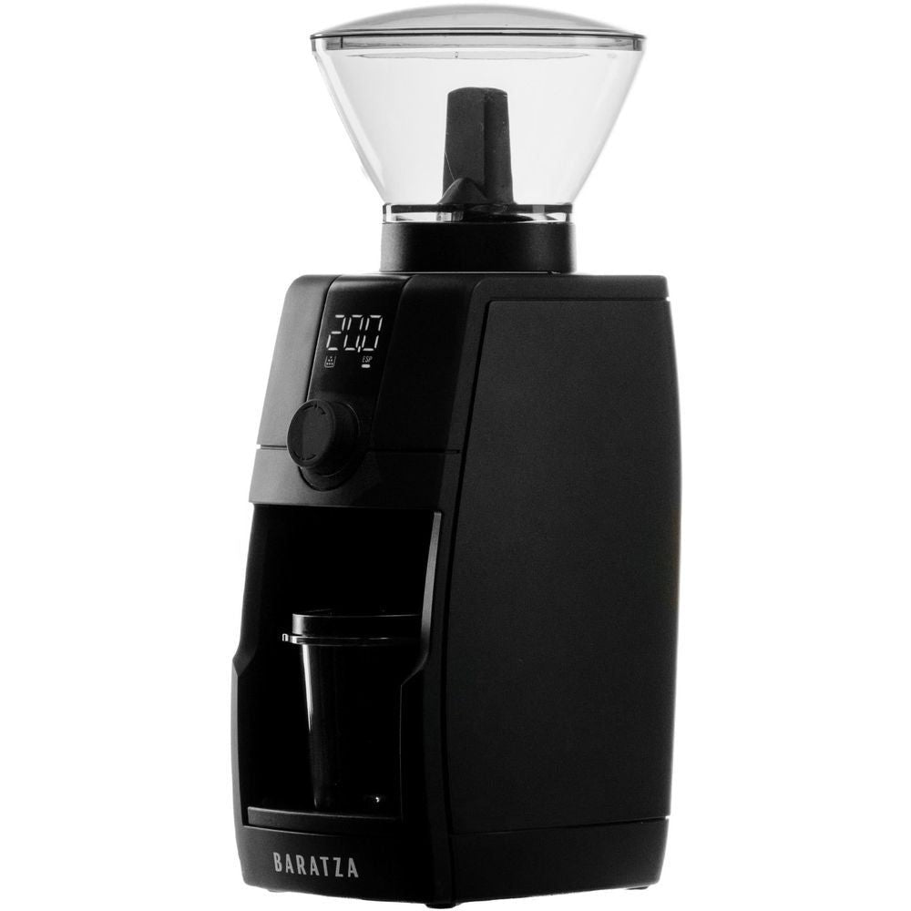 Black Baratza coffee grinder front view with clear hopper and control dial