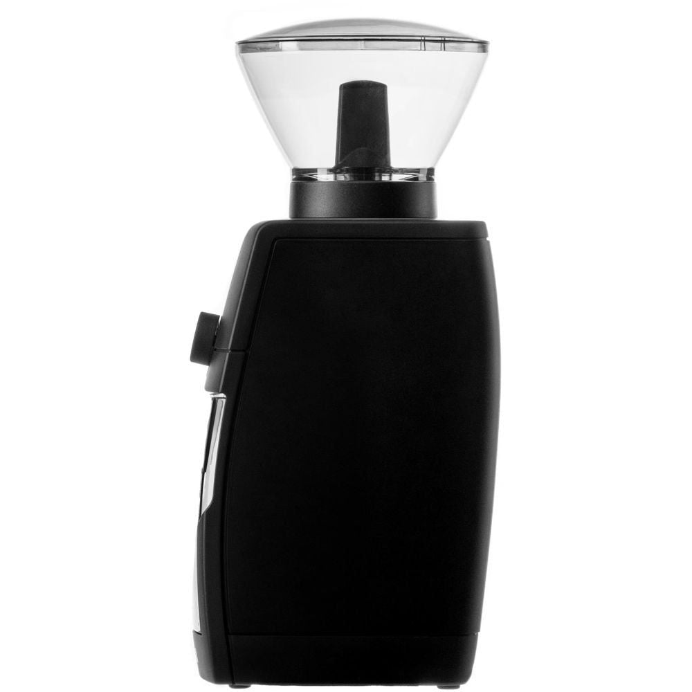 Black Baratza coffee grinder side view with clear hopper and control panel