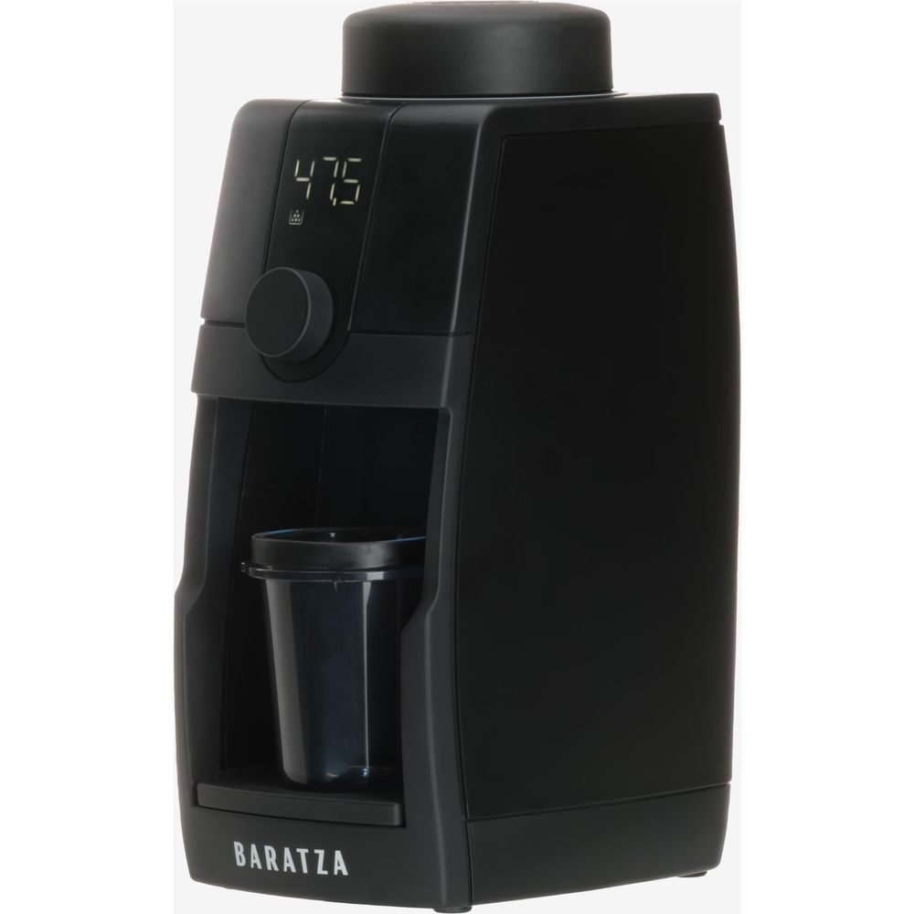 Black Baratza coffee grinder angled view with digital display and chute opening