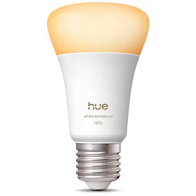 Philips Hue white ambiance smart bulb with E27 screw base, dimmable.