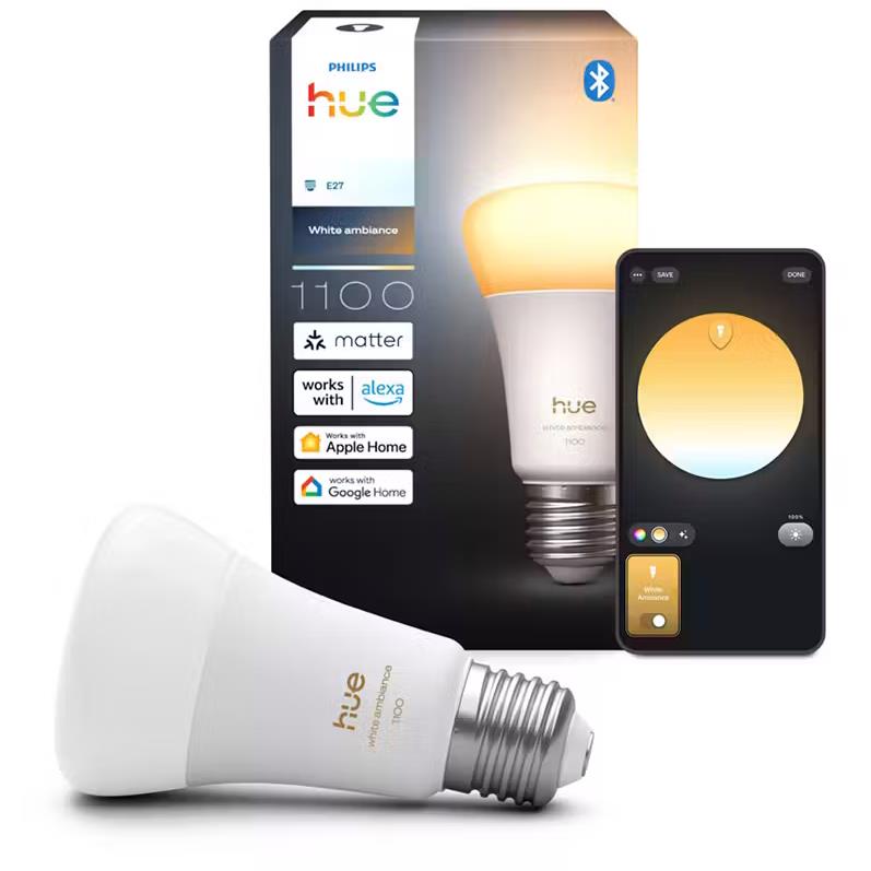 Philips Hue E27 smart bulb with retail box and Bluetooth app control.