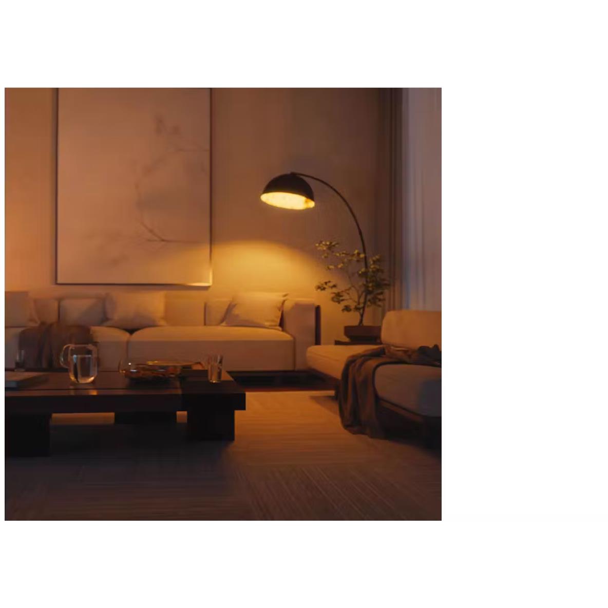 Smart bulb emitting warm light for indoor room lighting with pendant shade.