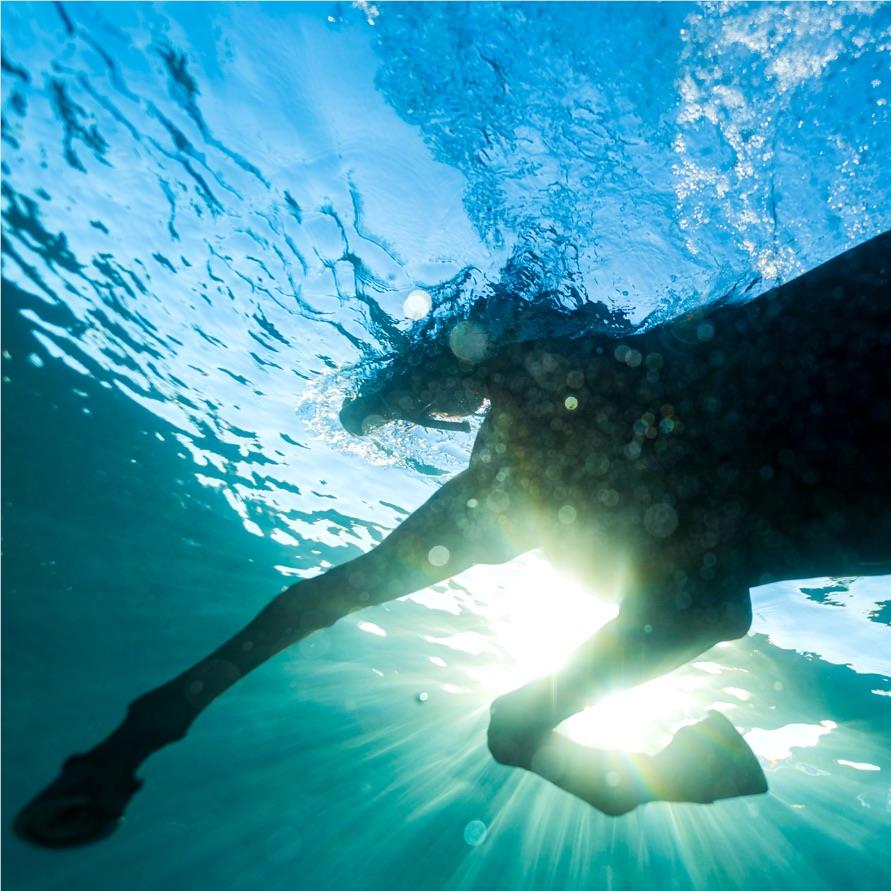 Underwater ocean splash graphic with glowing light and diver silhouette