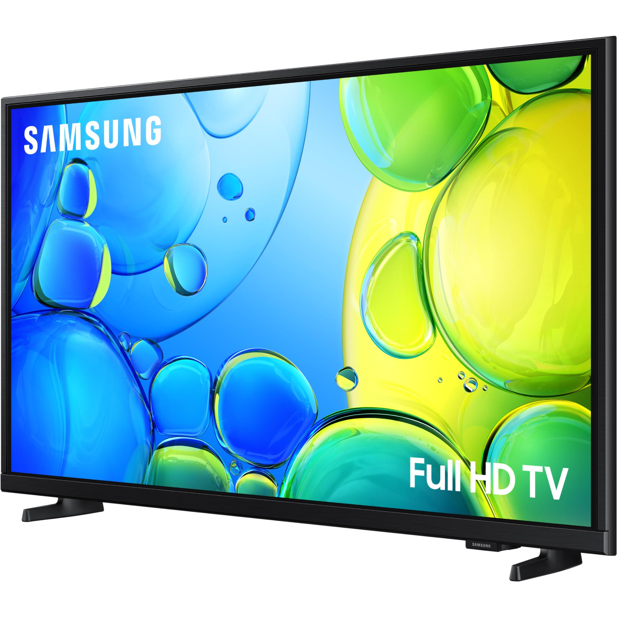 32-inch Full HD Smart LED TV, angled view, black bezel and pedestal stand
