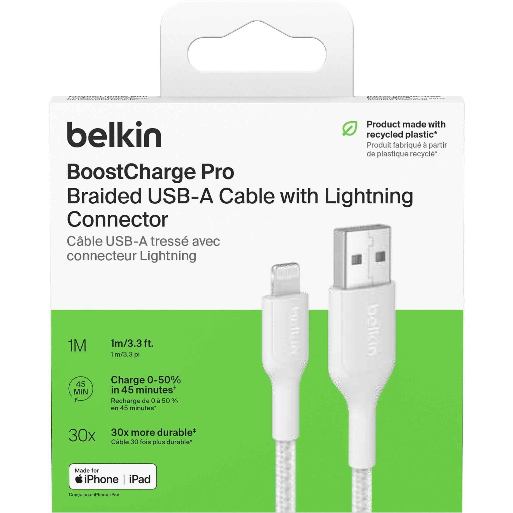 Belkin BoostCharge Braided USB-A to Lightning Cable [1m] (White)
