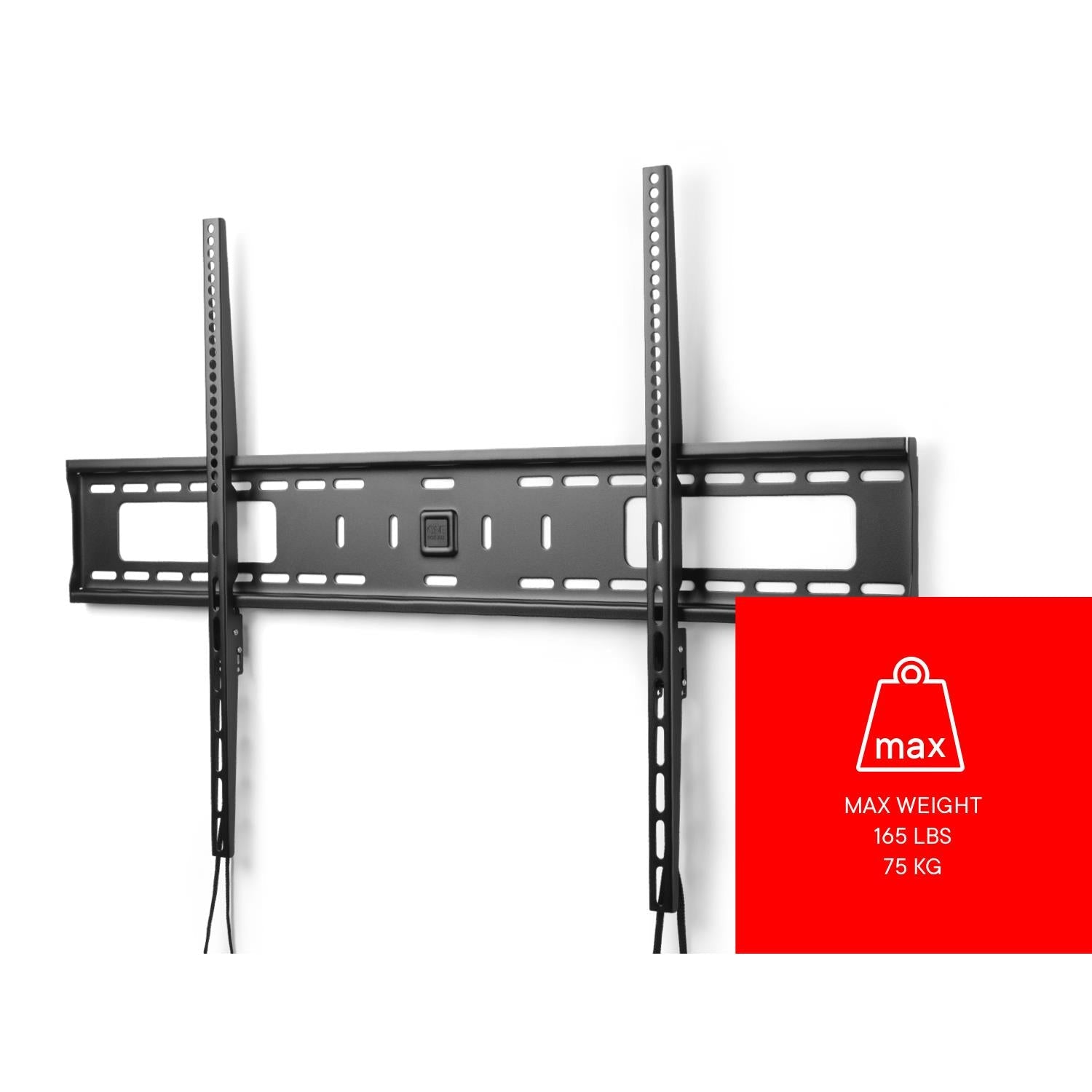 Fixed TV wall mount bracket with perforated rails and hanging cord straps