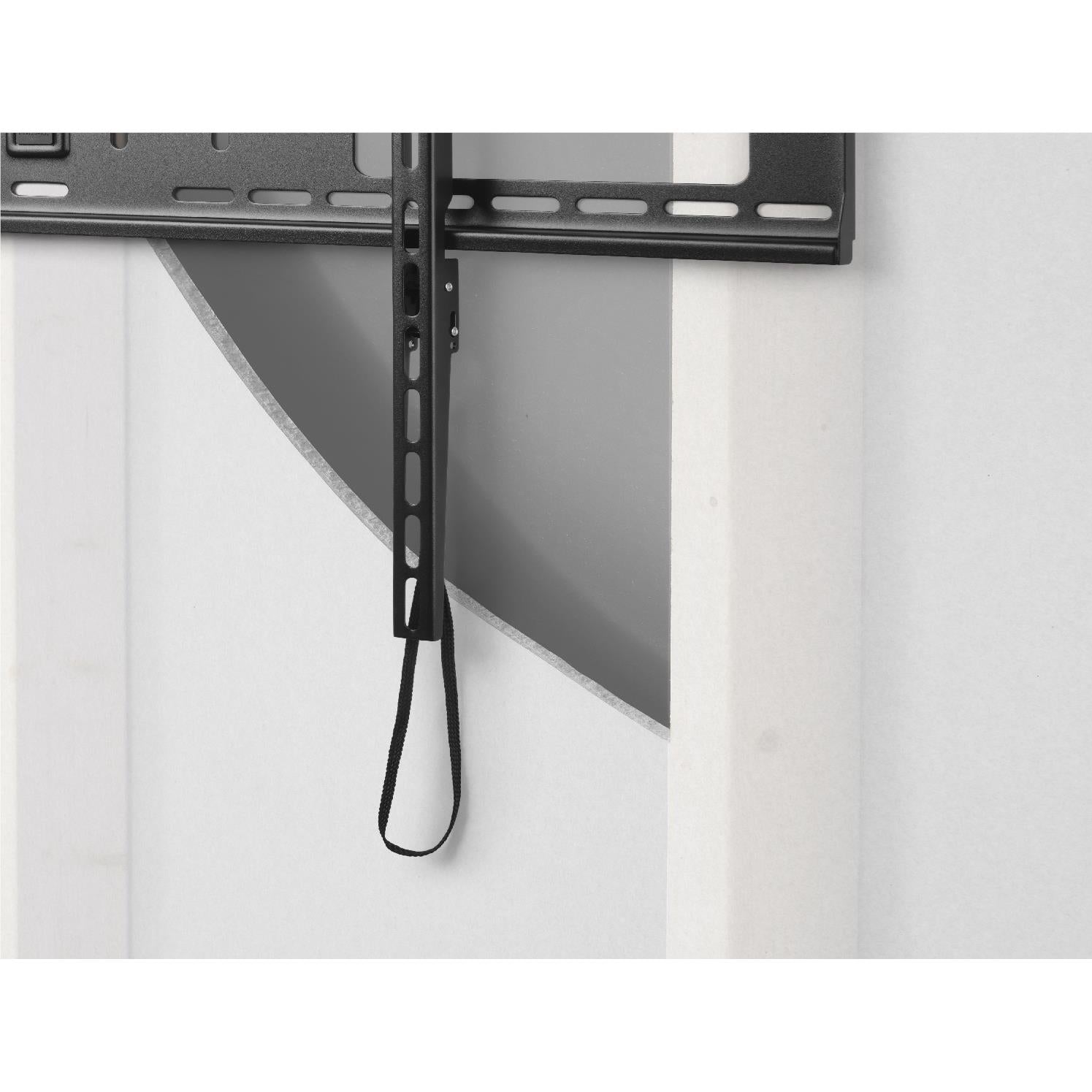 Fixed TV wall mount bracket lower hanging strap with perforated vertical rail