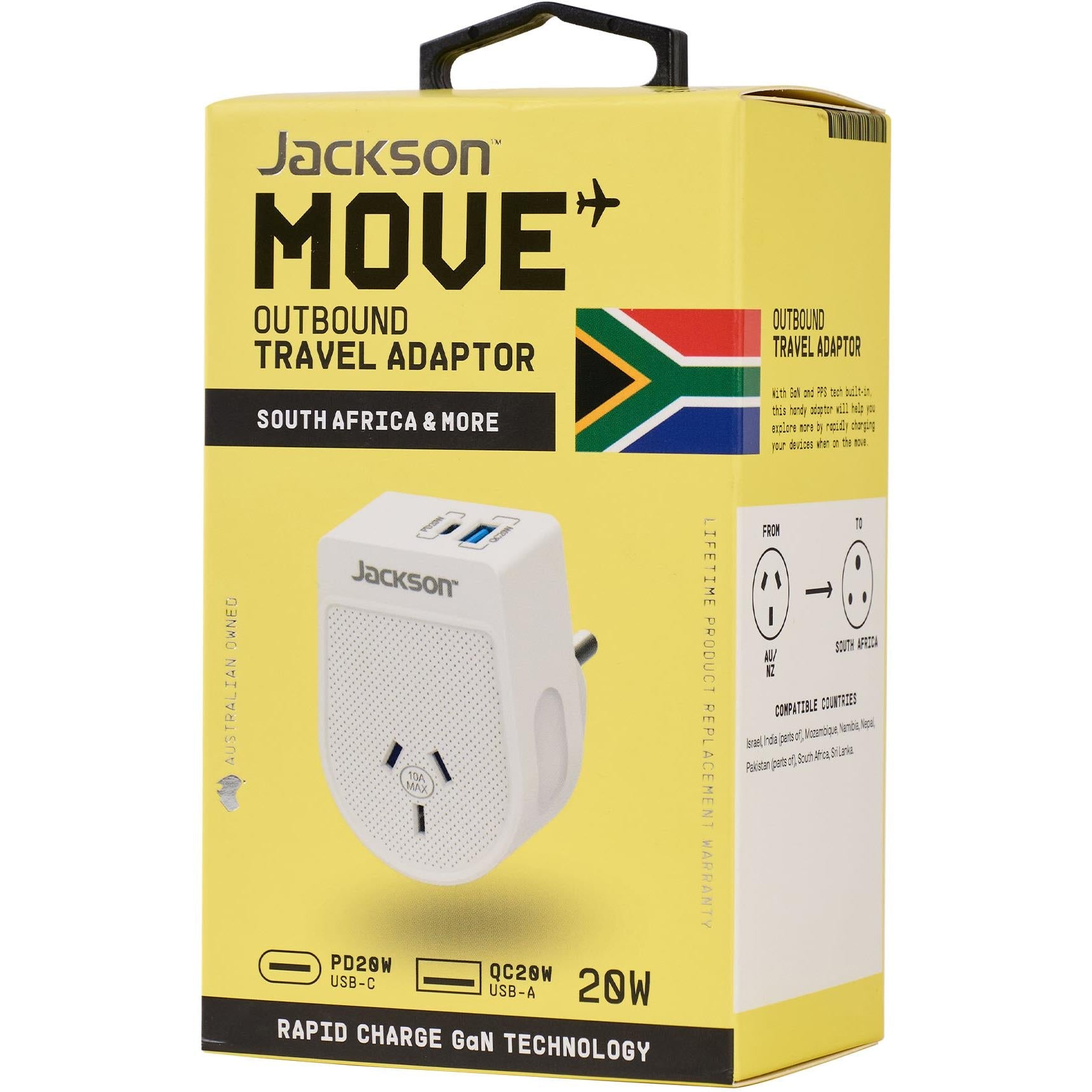 Jackson MOVE Rapid Charge PD20W USB-C/A Outbound Travel Adaptor (South Africa & More)