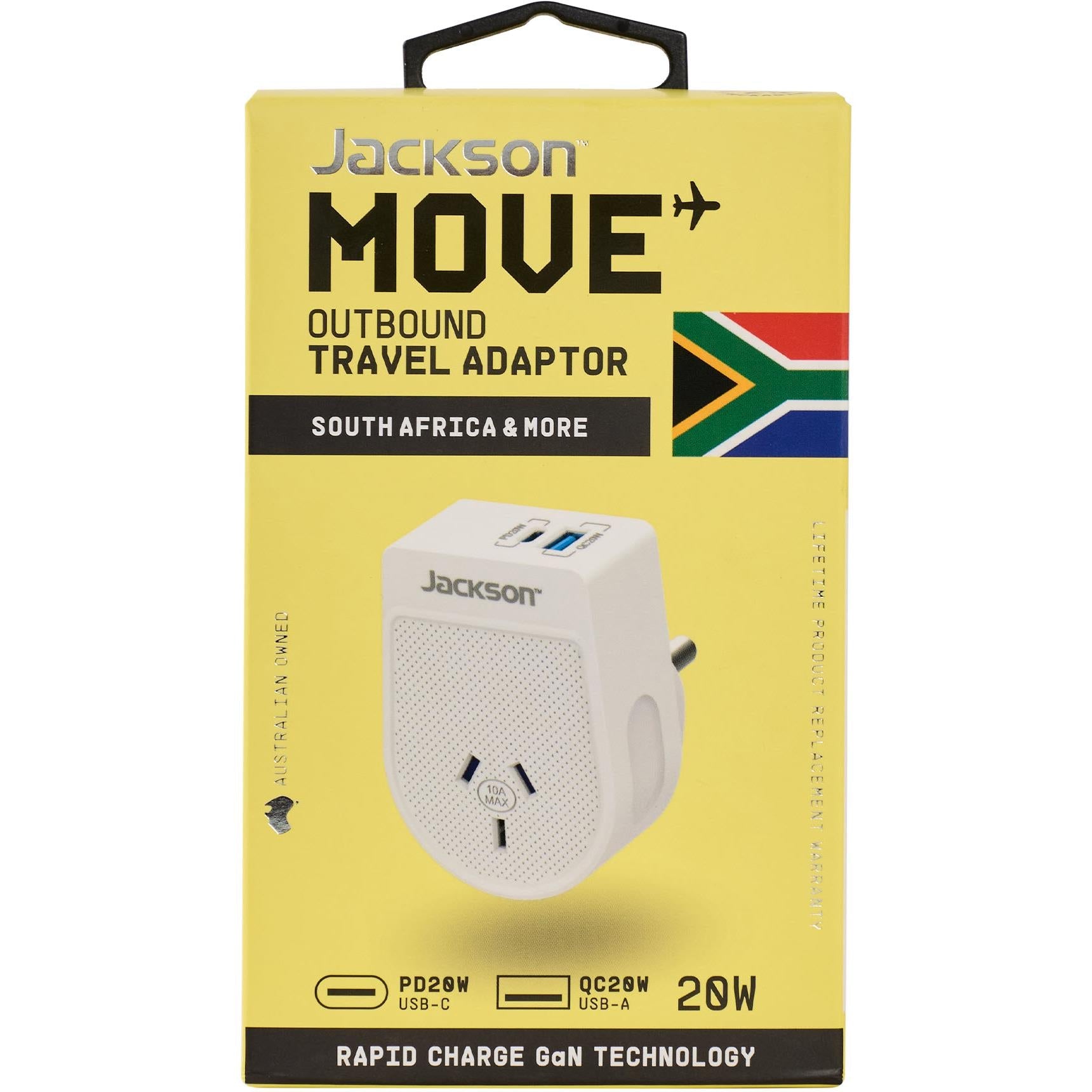 Jackson MOVE Rapid Charge PD20W USB-C/A Outbound Travel Adaptor (South Africa & More)