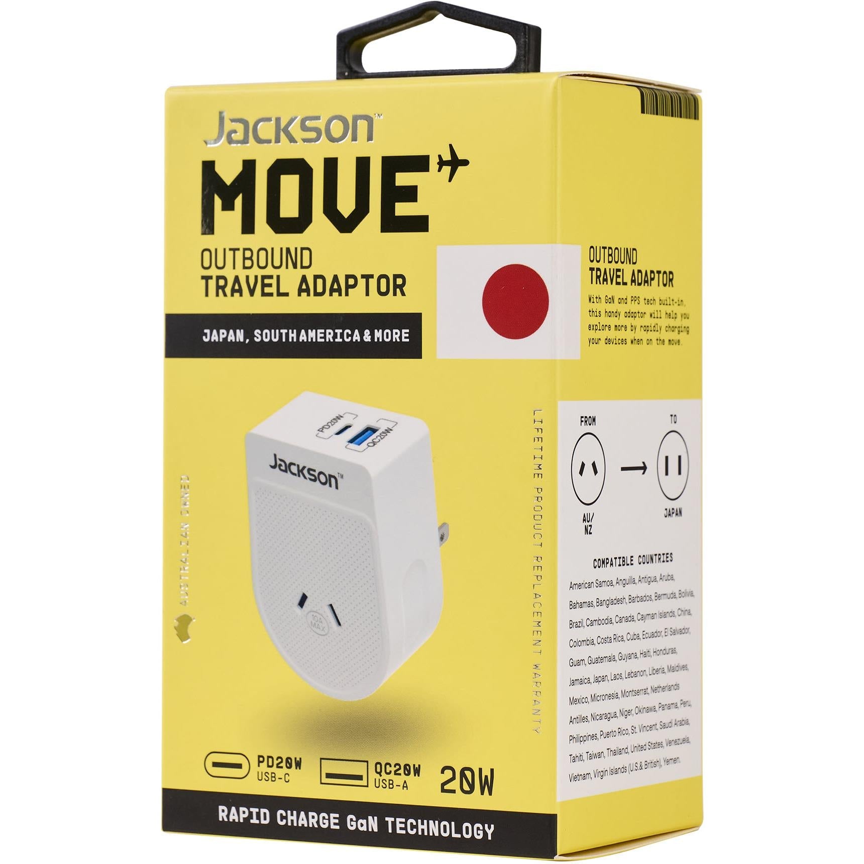 Jackson MOVE Rapid Charge PD20W USB-C/A Outbound Travel Adaptor (Japan, South America & More)