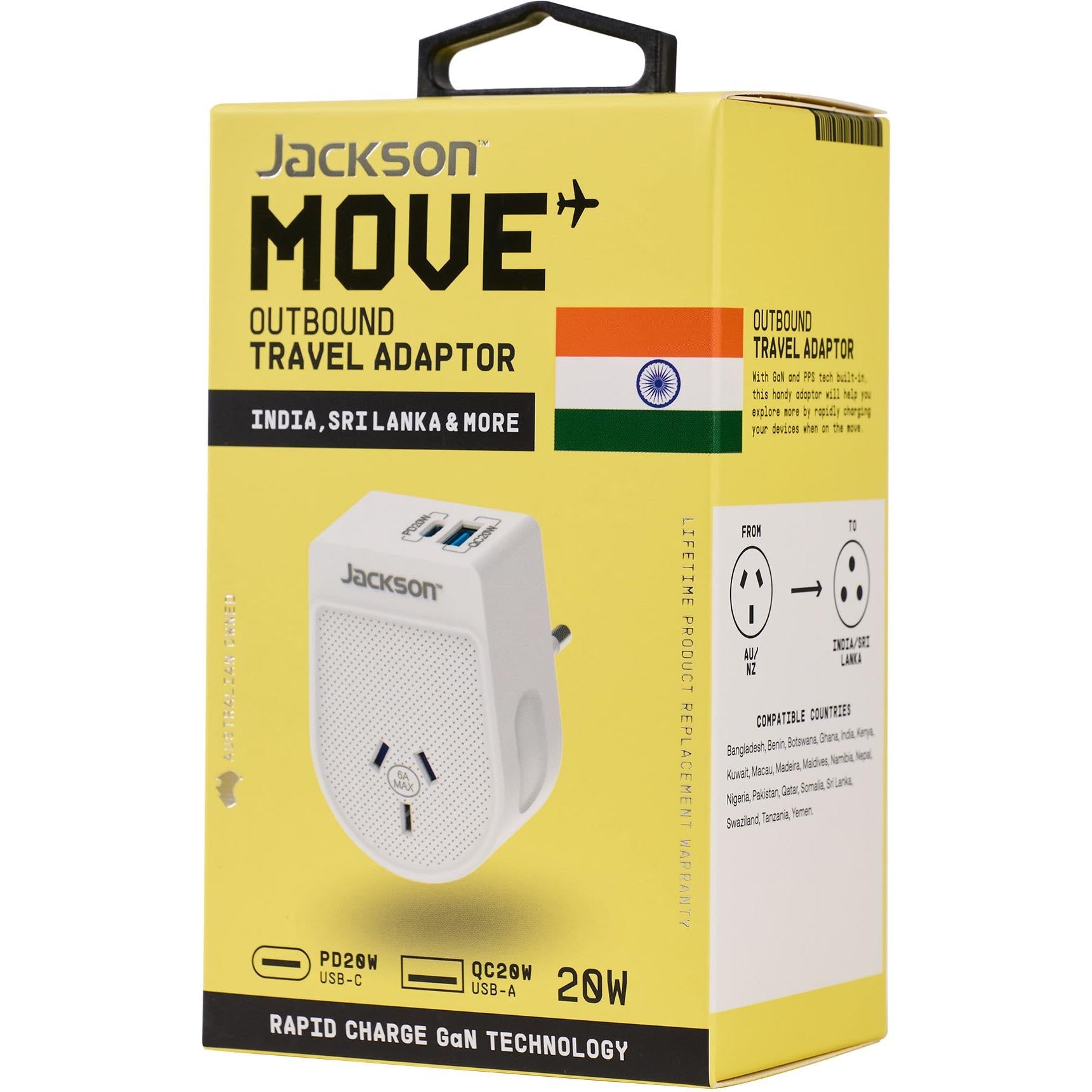 Jackson MOVE Rapid Charge PD20W USB-C/A Outbound Travel Adaptor (India, Sri Lanka & More)