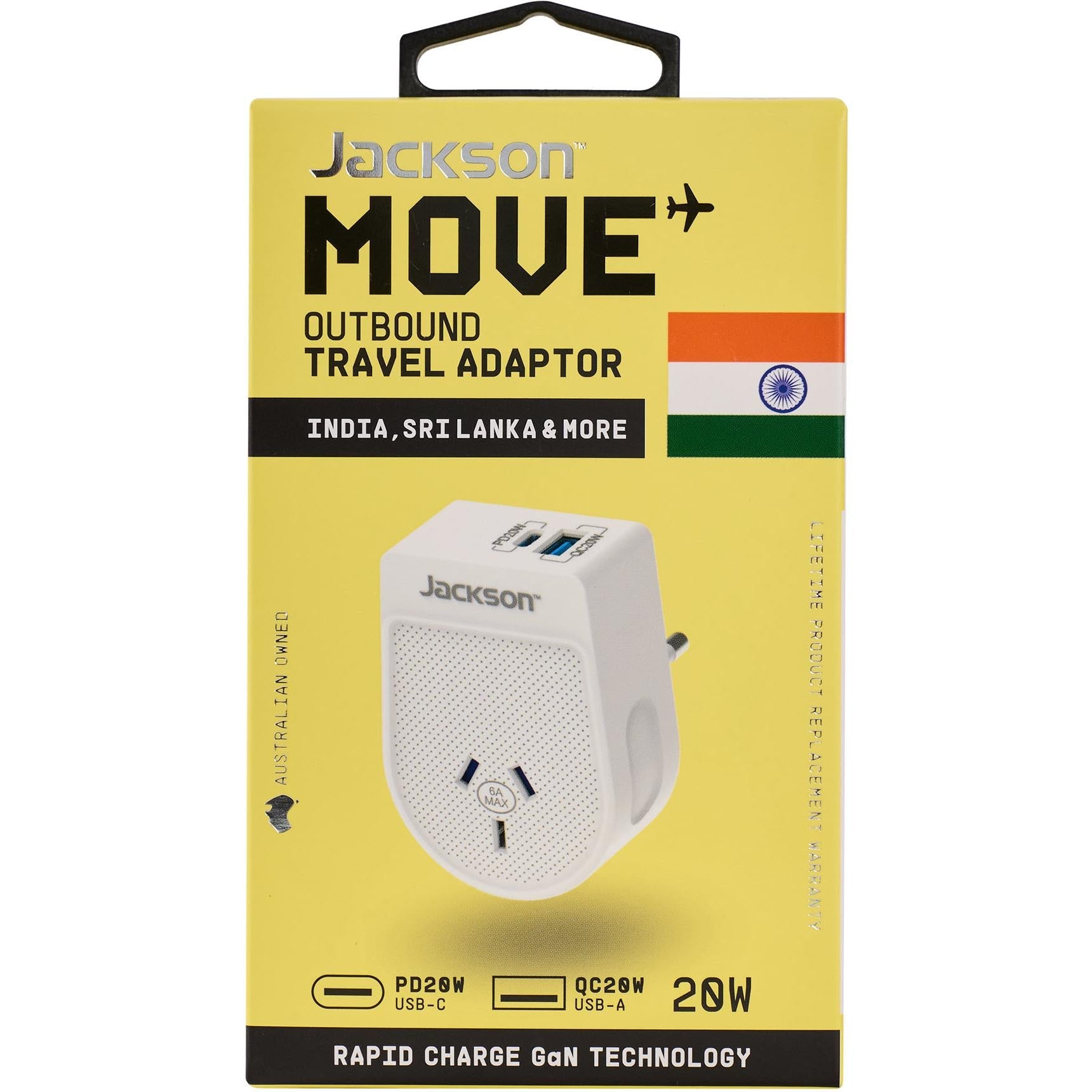 Jackson MOVE Rapid Charge PD20W USB-C/A Outbound Travel Adaptor (India, Sri Lanka & More)