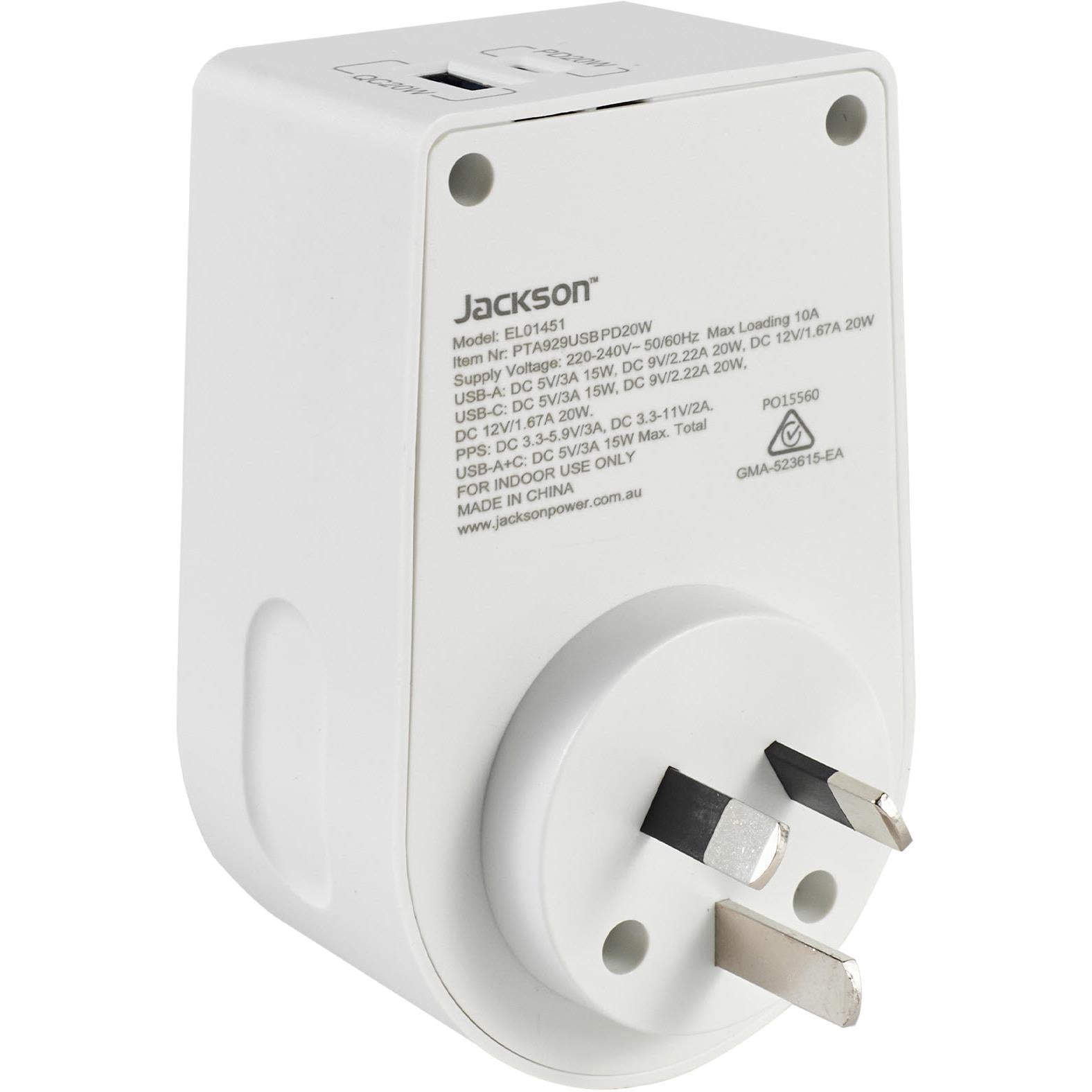 Jackson MOVE Rapid Charge PD20W USB-C/A Inbound Travel Adaptor (USA & EU)